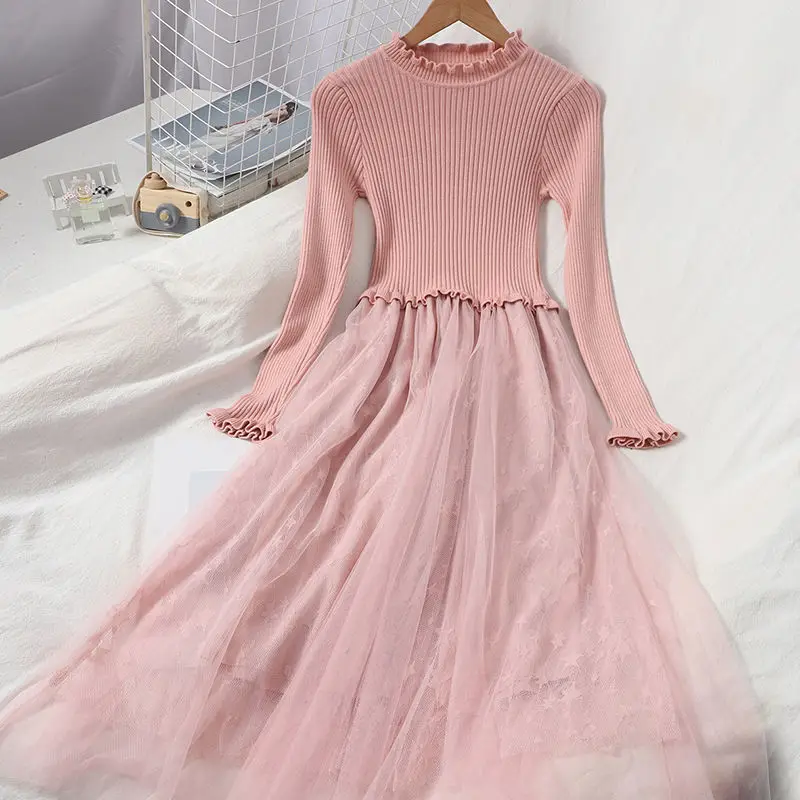 

Vintage knitted Dress Women Elegant Slim Patchwork Office sweater Dress Female Fake Two Piece Dress Korean New Autumn 2021