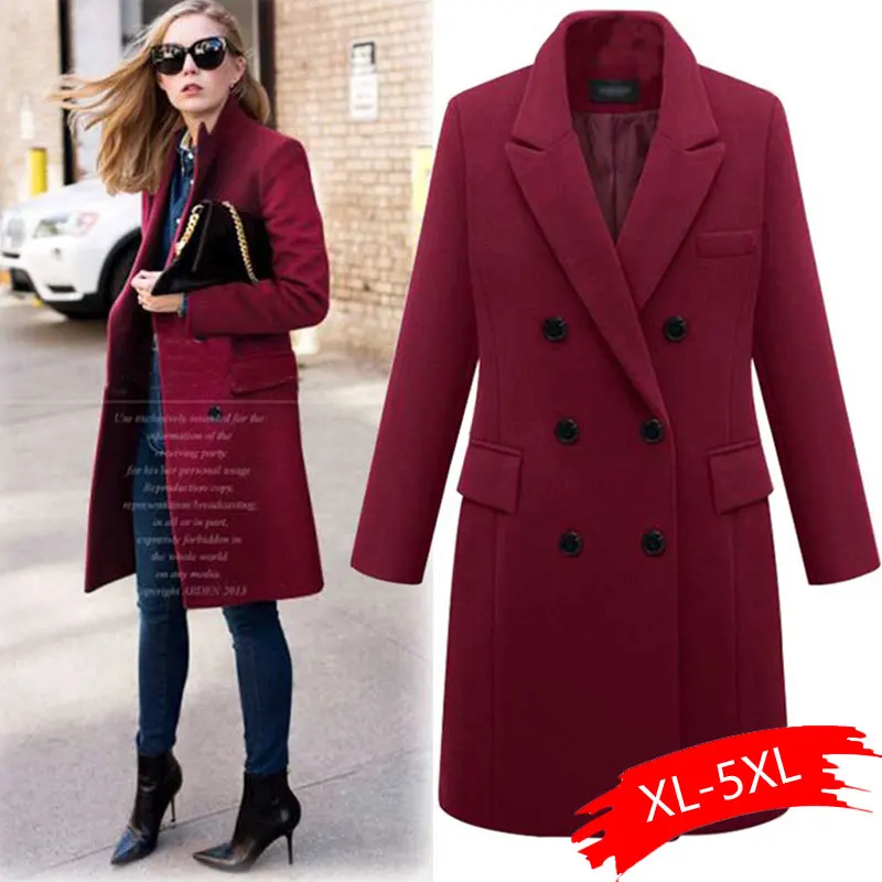 Пальто для женщин размера плюс 5XL, зимнее теплое двубортное ветрозащитное пальто, приталенное длинное шерстяное пальто