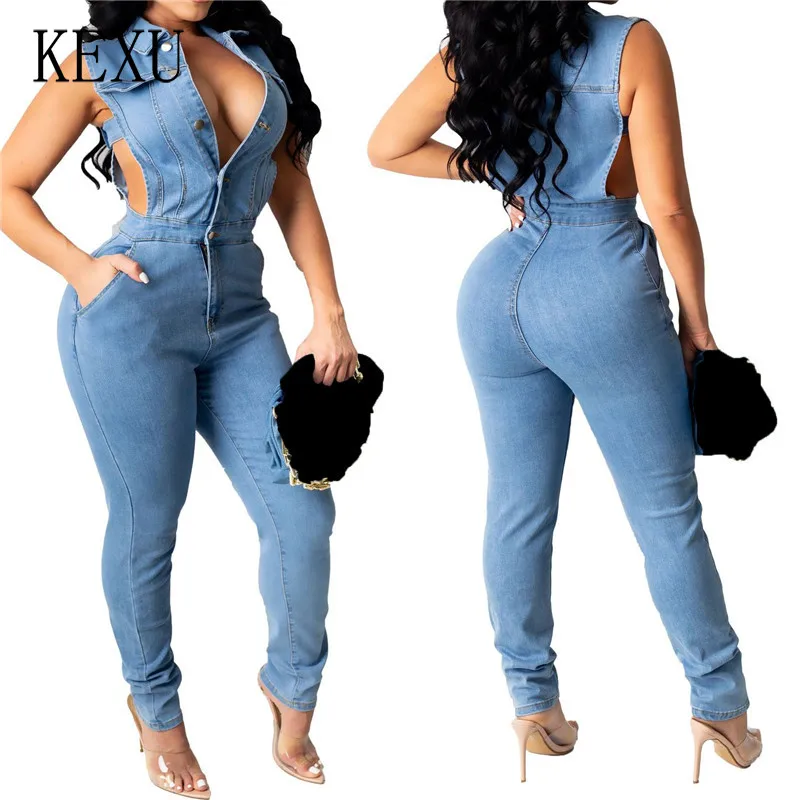

KEXU Cowboy Jumpsuits Off Shoulder Sleeveless Turn Down Collar Pockets Single Breasted Package Hip Casual Streetwear Overalls