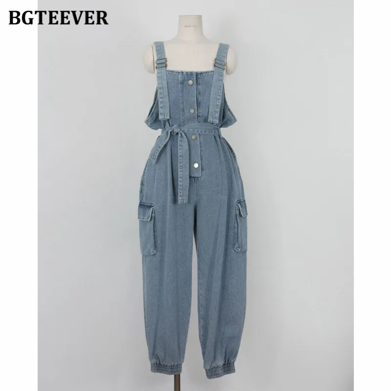 

BGTEEVER Casual Sleeveless Pockets Women Denim Playsuits 2021 Spring Single-breasted Lace-up Loose Female Jeans Jumpsuits Romper