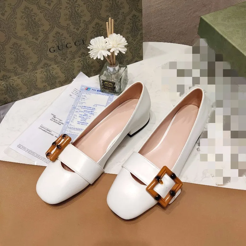 

2021 Metal Buckle Flat Casual Square Toe Pumps Shoes for Women Luxury Brand Genuine Leather Heel Shoes Flat Shoes Mary Janes