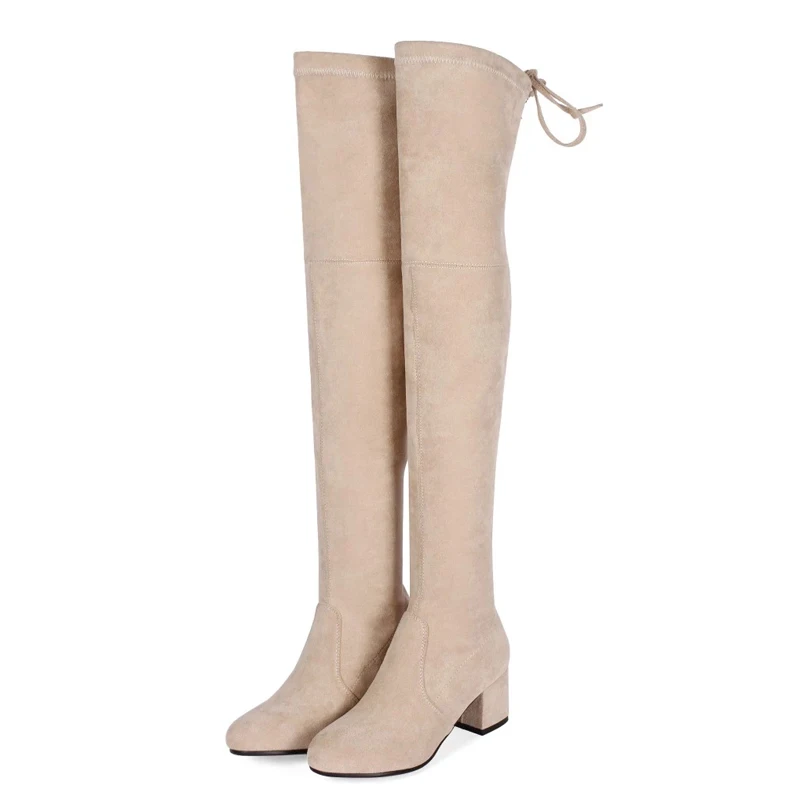 Женские однотонные Сапоги выше колена с круглым носком и длинным бантом на