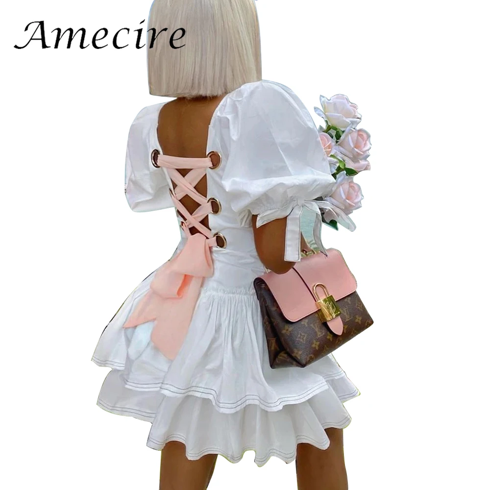 

Женское платье для отпуска Amecire, Красивое Летнее платье с открытой спиной и шнуровкой, новое шикарное Белое Мини-Платье с пышными рукавами