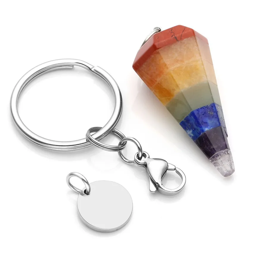 

FYJS Unique Silver Plated Circle Lobster Clasp Hexagon Pyramid Layer Colorful Rainbow Stone Key Chain Healing Chakra Jewelry