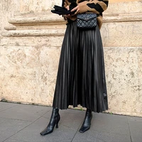 2020 new women s skirts high waist pleated fashion faux leather black skirts for women