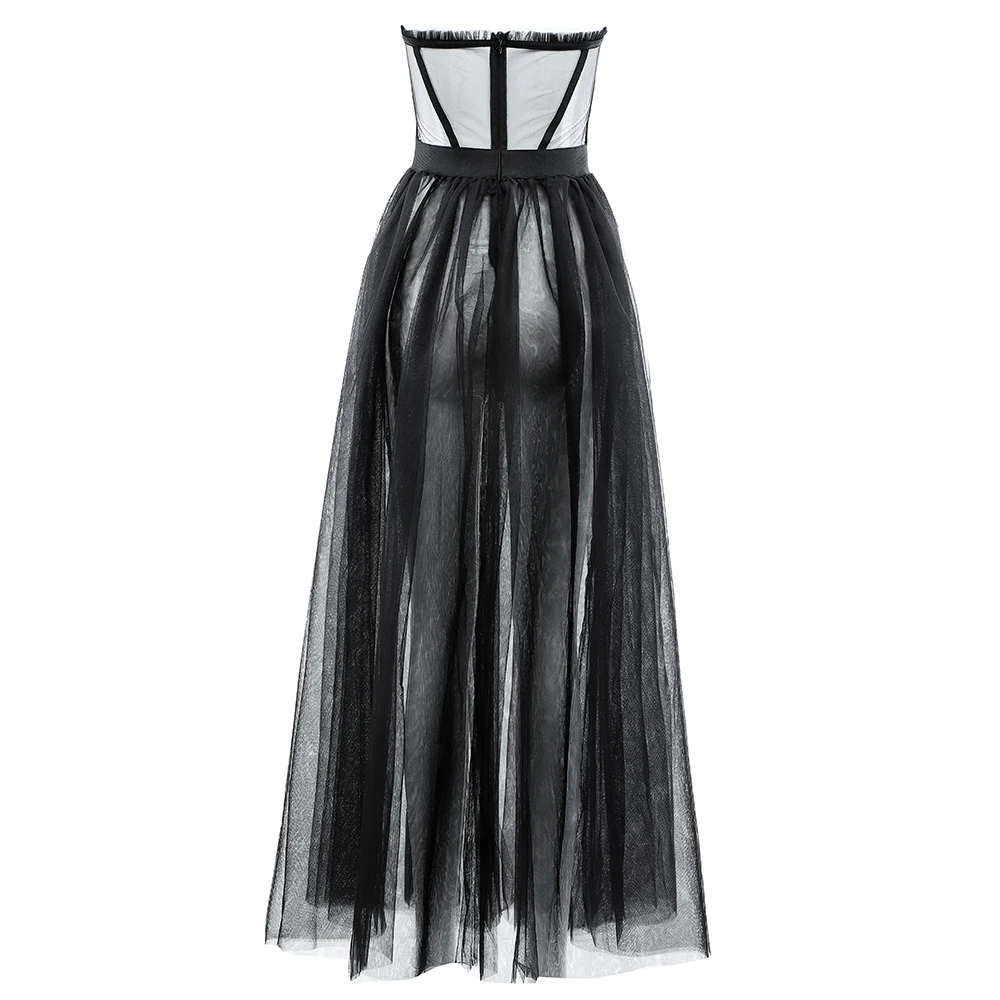 

High Quality Sexy Strapless High Waist Lace Stitching Pleated Dress Elegant 2021 New Celebrity Runway Party Dress Vestido