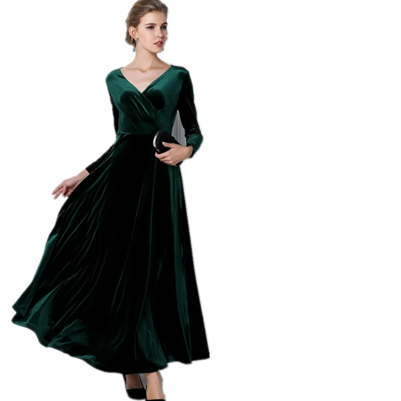 

Autumn Winter Plus Size Women Velvet Dress Long Sleeve V-Neck Long Solid Color Big Swing Floor Length Velour Dinner Dress