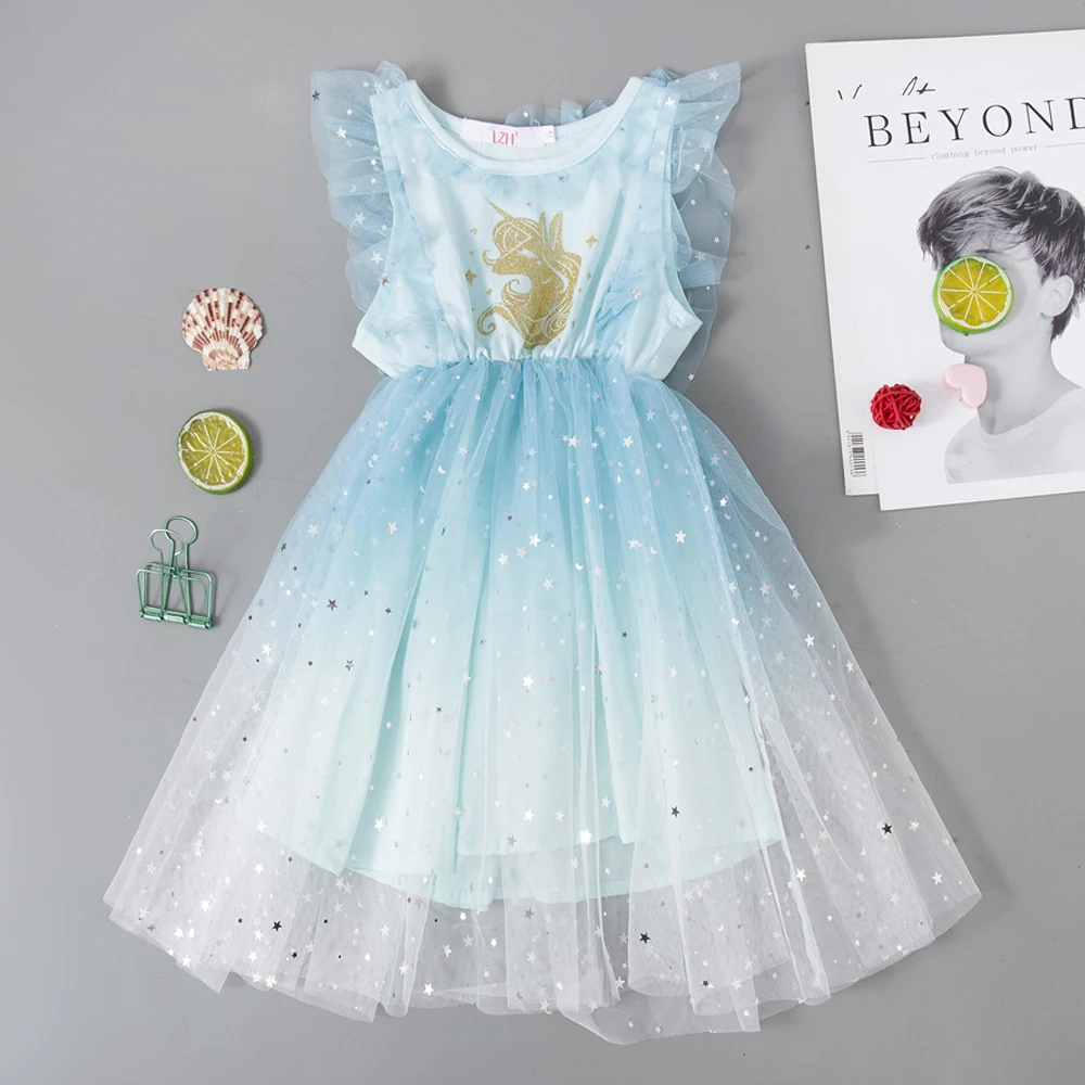 Summer Kids Dresses For Girls Unicorn Birthday Party Dresses 2022 Children Girls Rainbow Tutu Mesh Princess Dress 3 4 5 6 7 Year