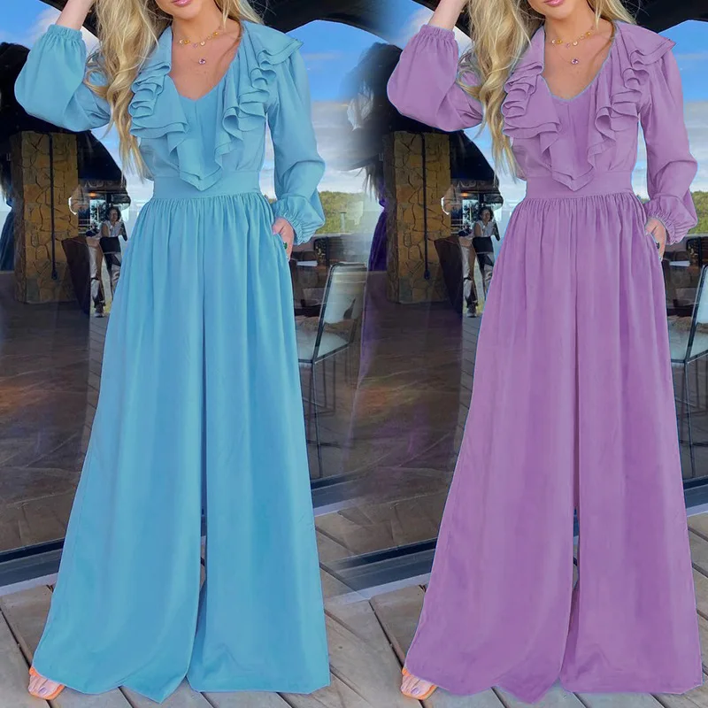 

Женский офисный повседневный костюм с V-образным вырезом, Модные свободные брюки с оборками и широкими штанинами, уличная одежда, повседнев...