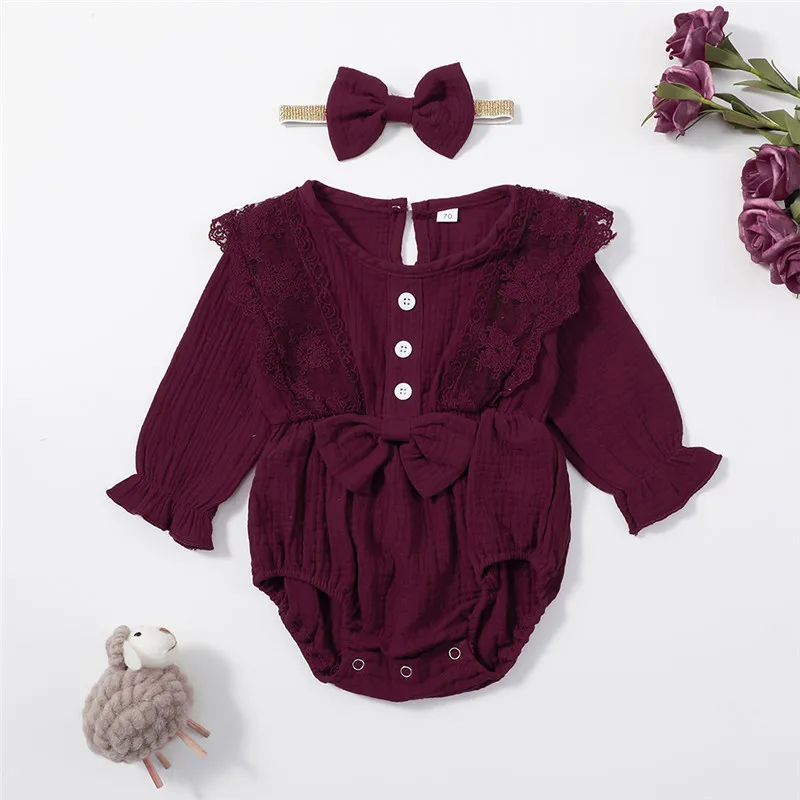 

Newborn Girls suit Baby Girl 100% Organic Cotton Long Sleeve Ruffle Romper Girls Bowknot Lace Jumpsuit 2021 New
