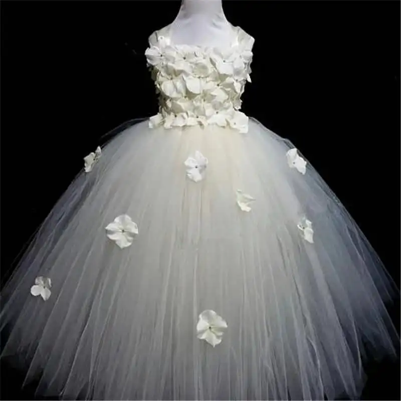 

Quality Pink Princess Flowers Petal girl wedding dress girls Tulle Fuffy party Formal dress Princess Tutu Dress vestidos