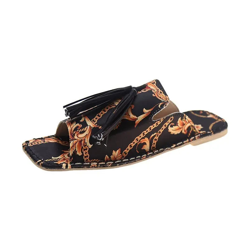 

DLEK Women Summer Slippers Casual Tassels Flats Luxury Design Beach Home Slides Retro Gold Flowers Print Female Slipper Outdoor
