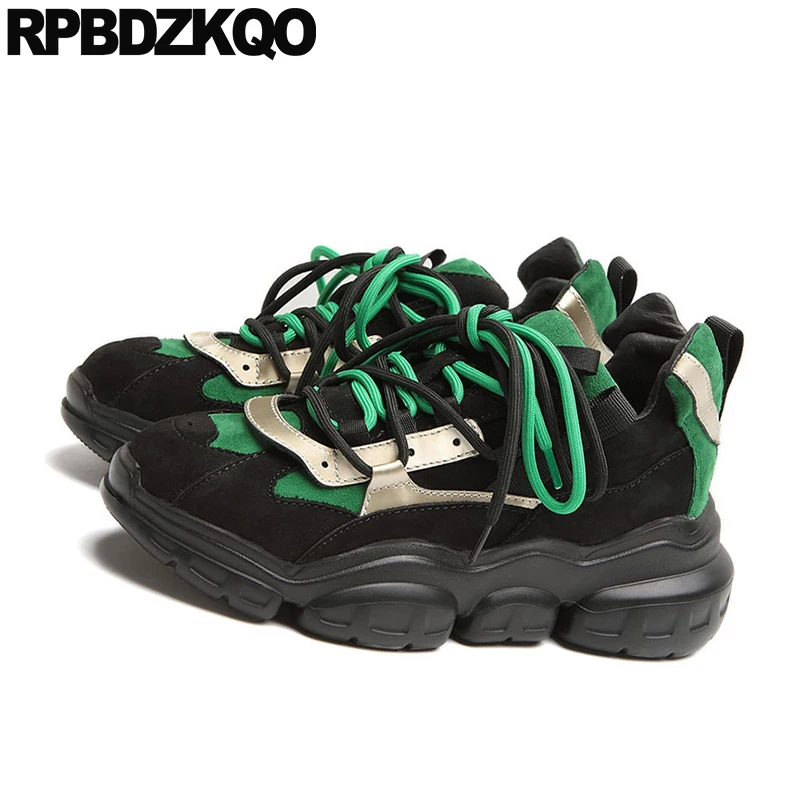 Женские замшевые кроссовки на платформе толстая подошва высокий каблук зеленые