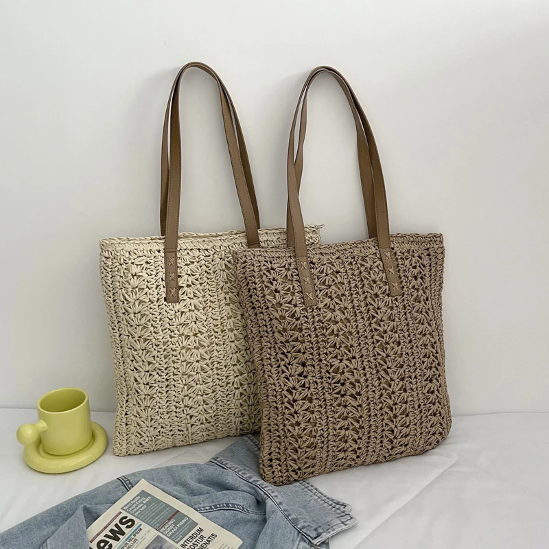 

Square Hollow Straw Beach Bag Handmade Woven Shoulder Bag Raffia Rattan Shopping Travel Bag Bohemian Summer Vacation Casual Tote