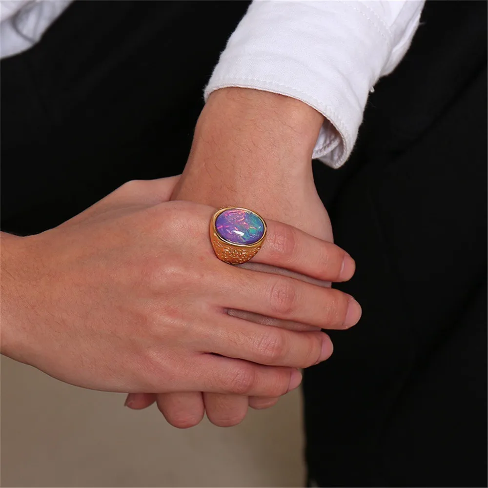 

Big Opal gemstones rings for men 18k gold color carving luxury jewelry titanium stainless steel band gifts fashion sizes 7-12
