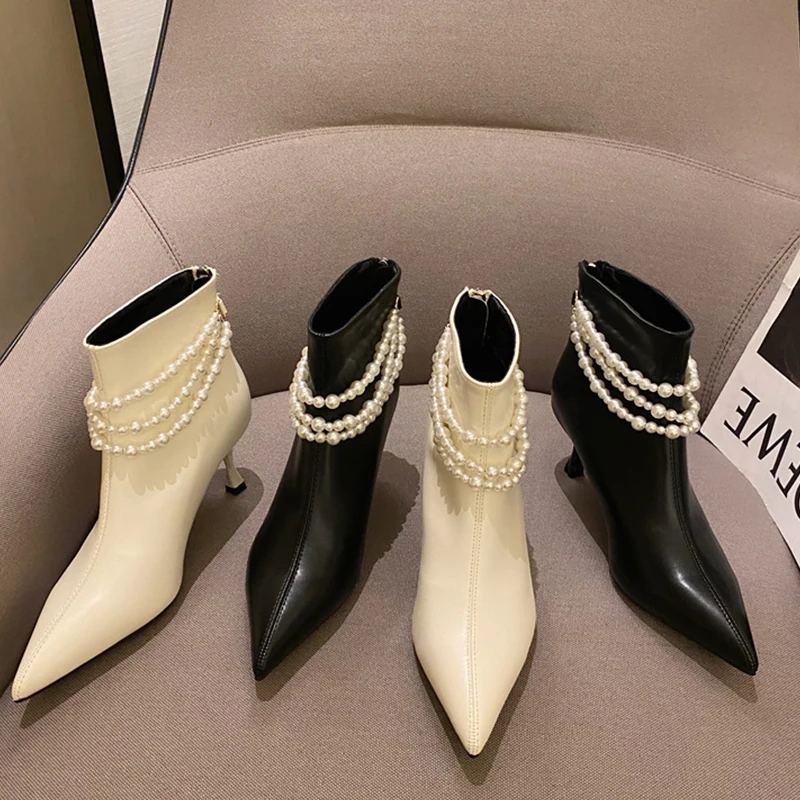 

Women's Boots High Heels Shoes For Women 2021 Rubber Modern Boots Female Women Shoes Pearl Chain Pointed Toe Short Ankle Boot