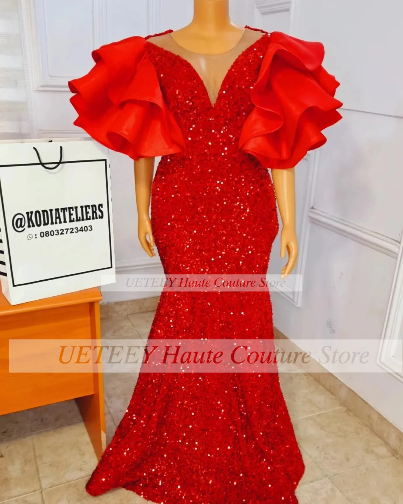 

Red Mermaid Prom Dress Sequined Lace O-Neck Short Sleeve Trumpet Follr-Length Celebrity Evening Party Gowns