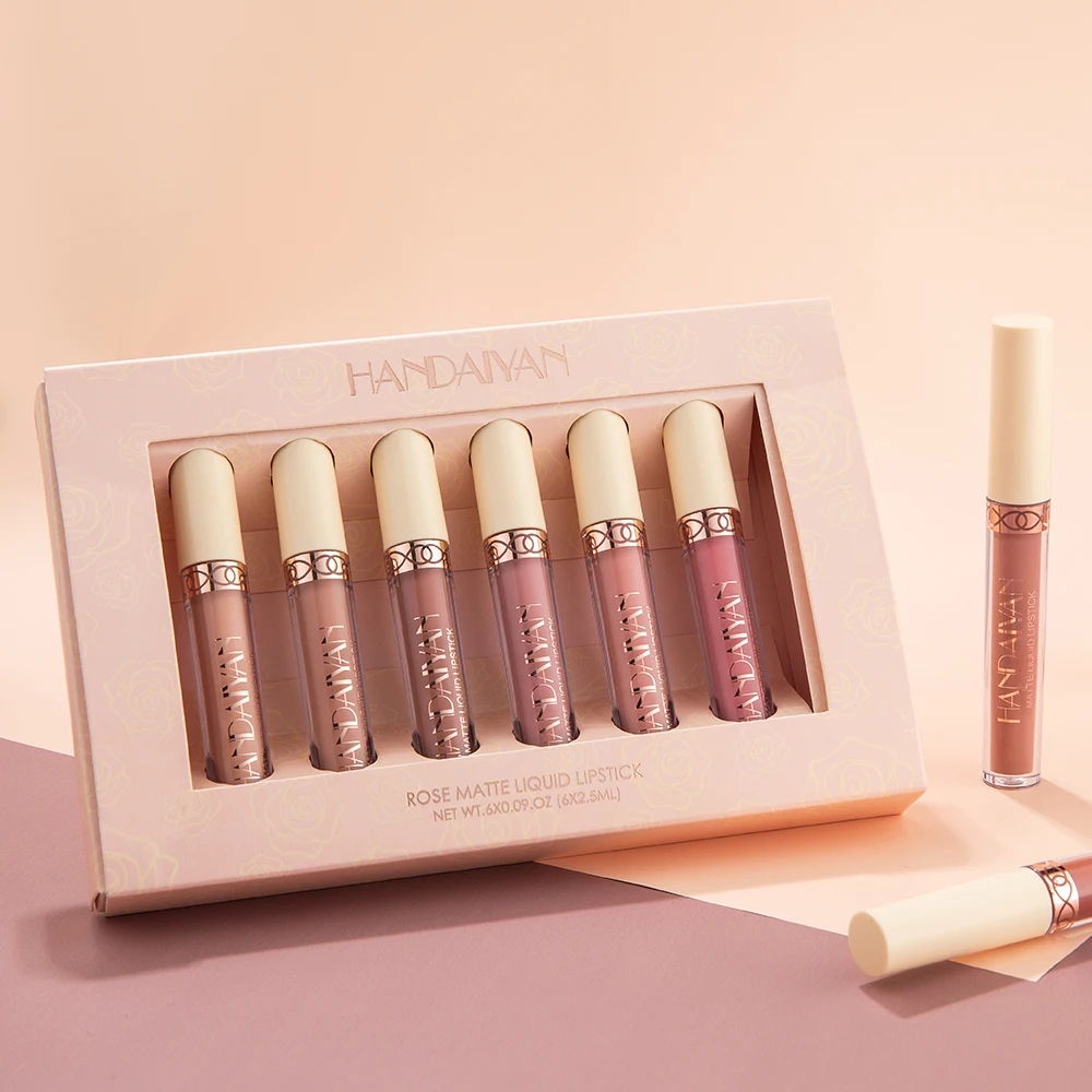 

Rose Matte Liquid Lipstick Set Nude Lip Gloss Non-Stick Cup Waterproof Long Lasting Lipgloss Kit Lip Makeup 6 Pcs/set