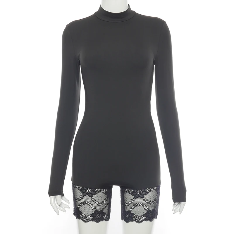 

Bomblook 2021 Round Neck Long-Sleeve Zipper Spliced Lace Jumpsuit Spring Women Sexy Fanshion Streetwears