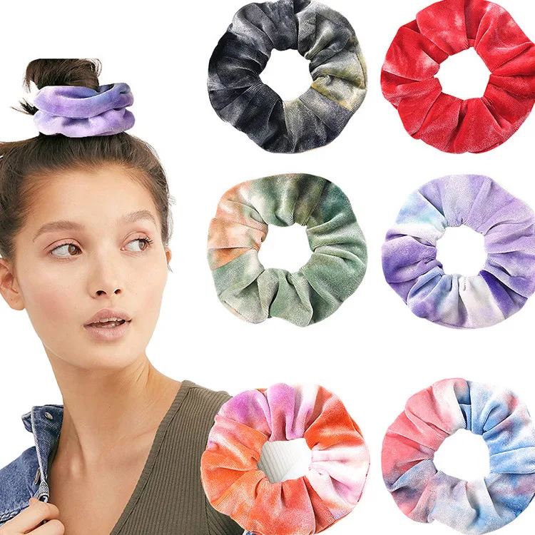 

2021 New Rainbow Soft Velvet Scrunchies Tie-dye Hair Ring Rubber Band Elastic Hair Bands Rope Ties Women Girl Hair Accessories