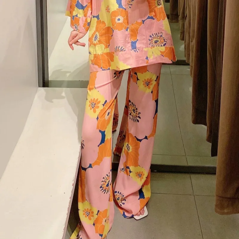 

Wide Leg Baggy Pants Woman 2021 Summer Fashion Y2K Streetwear Trousers for Female Women Pink Floral Print Pants High Waist