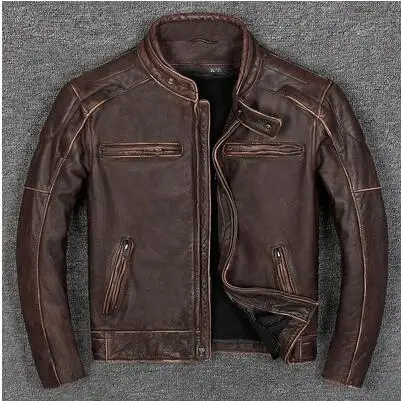 Vintage brown Заводская Новинка, винтажная коричневая Мужская Байкерская кожаная куртка из натуральной толстой воловьей кожи, приталенная мотоциклетная куртка, российские зимние пальто - Цвет: Vintage brown