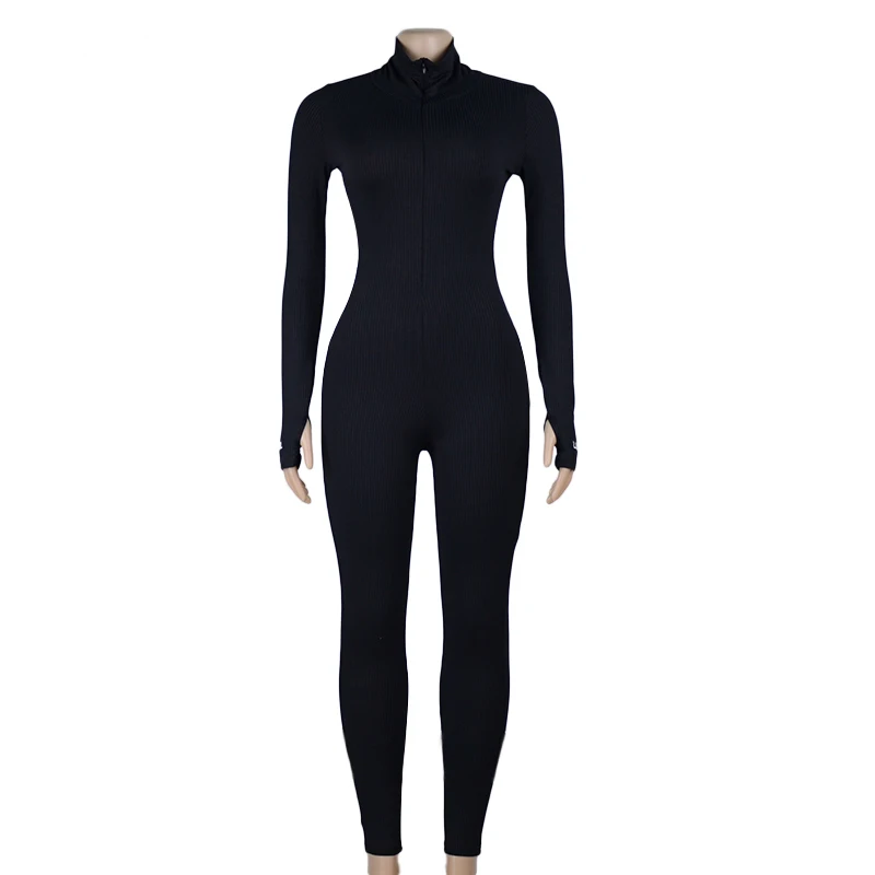 Simenual Workout Active Wear Ribbed Rompers Womens Jumpsuit Sporty Long Sleeve Fitness Embroidery Letter Print Zipper Jumpsuits