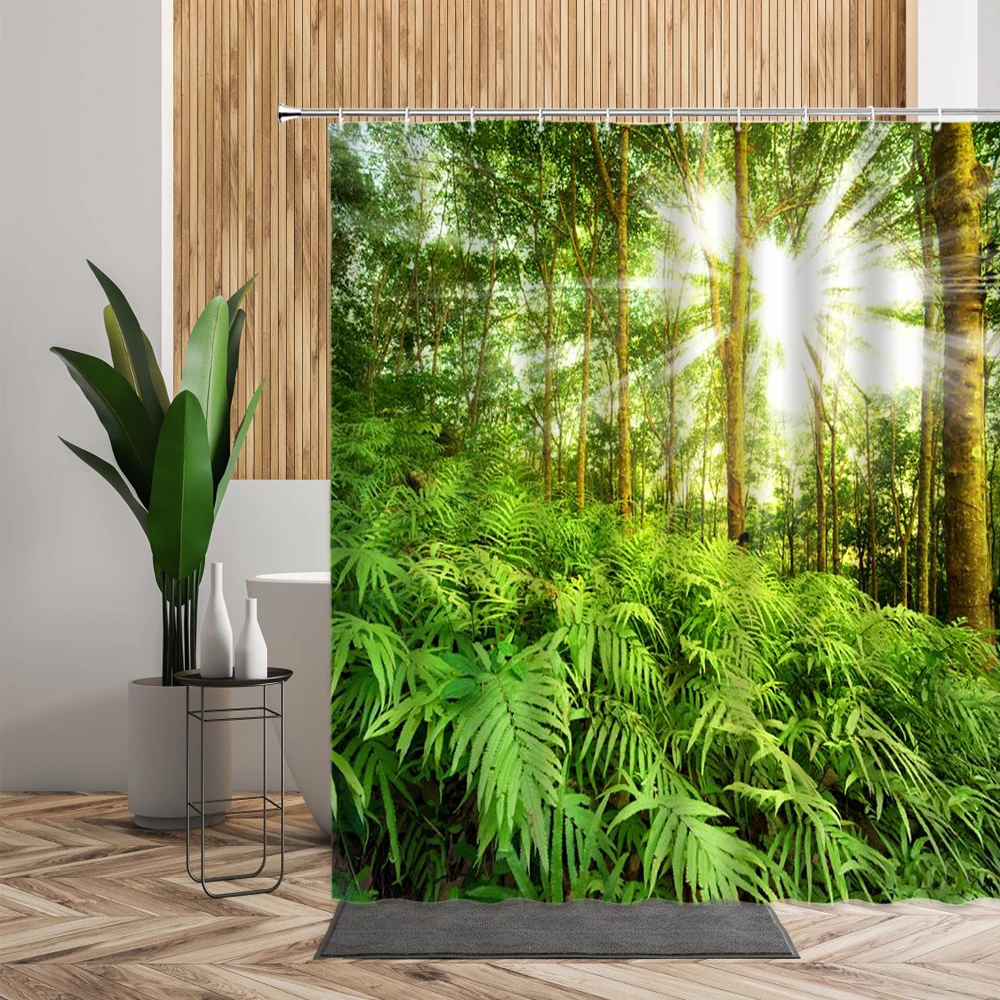 

Tropical Jungle Shower Curtains Green Forest Woods Plants Bath Decor Waterproof Backdrop Fabric Bathroom Curtain Sets With Hooks