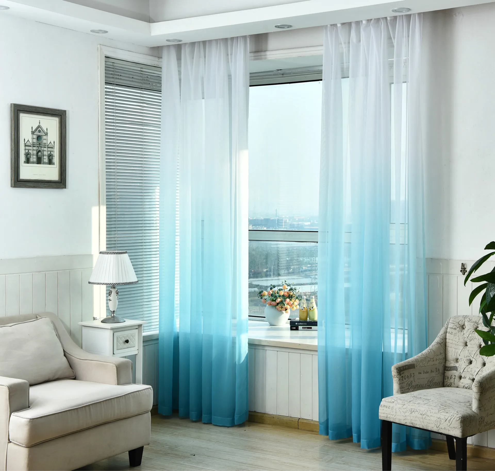 

Thick Trillon Gradient Curtain for Living Room Bedroom Blue Tulle Window Curtain Decor Sheer Curtains Window Treatment Drapes