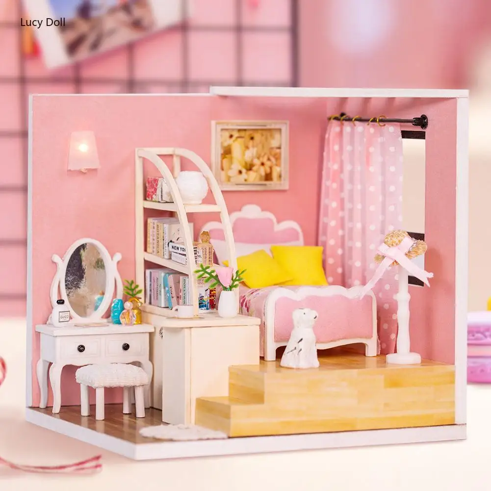 

Doll House Furniture Pink Girls DIY Miniature 3D Wooden Miniaturas Dollhouse Toys for Children Birthday Gifts