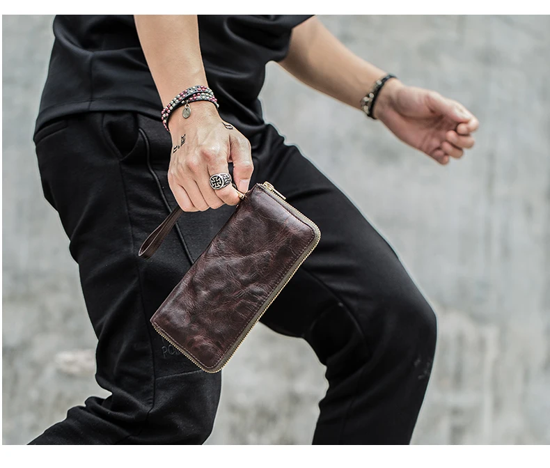 High Quality Vintage Real Cowhide Men Wallet Cash Purse Zipper Modern Stylish Male Long Day Clutches Wristlets Wallet Card Case