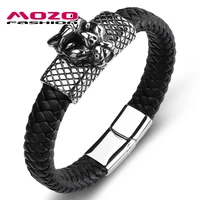 men jaguar bracelet genuine leather stainless steel simple bangle male grid collocation punk cuff jewelry