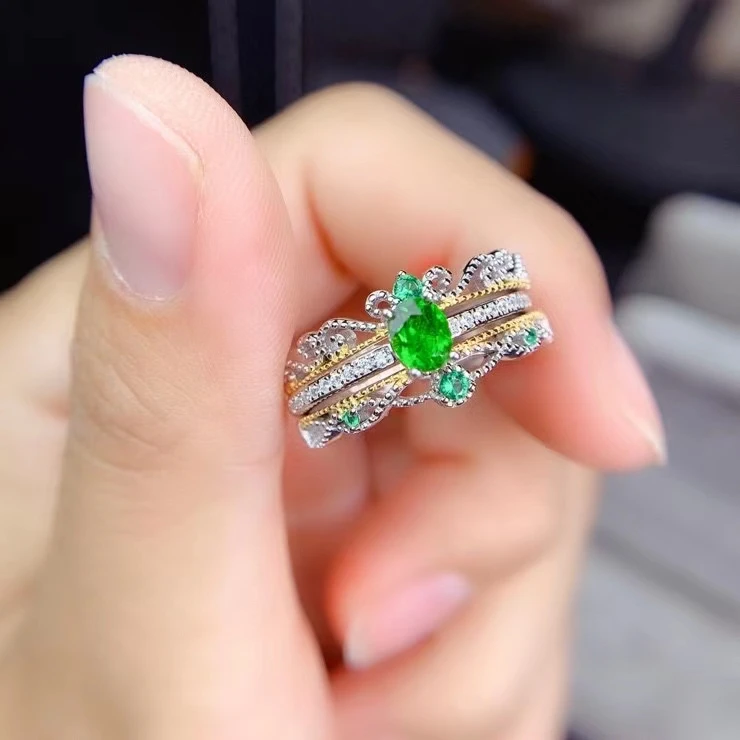 

luxurious Wealth wide crown S925 silver natural green diopside gem ring natural gemstone ring woman girl weddings gift jewelry