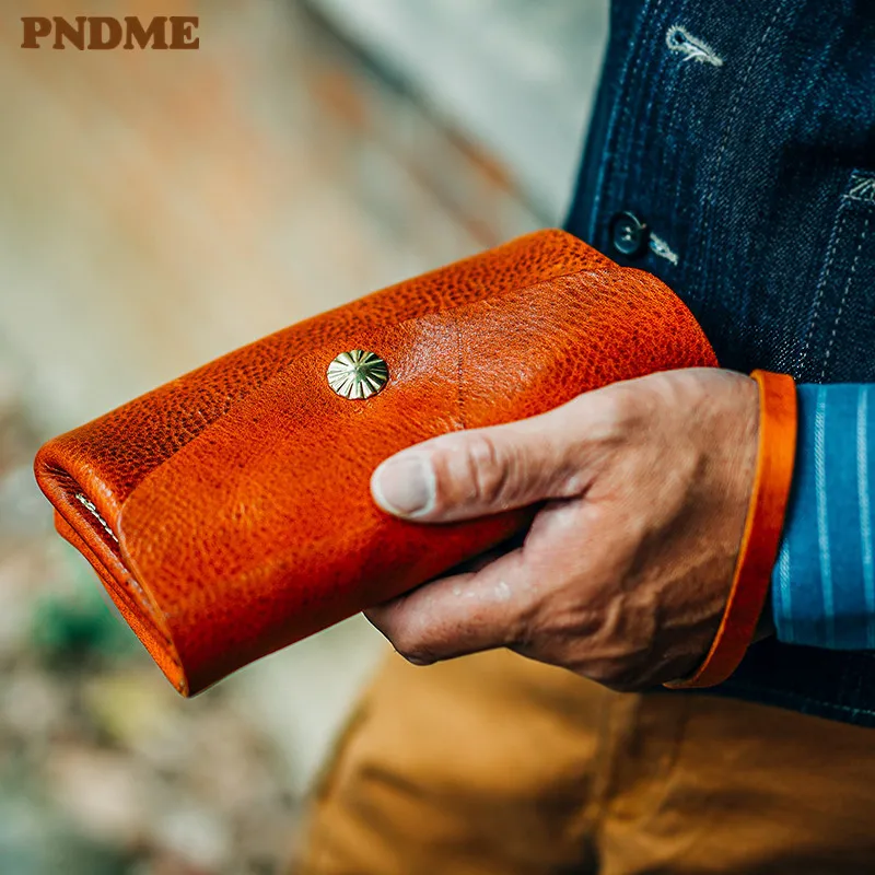 

PNDME vintage luxury genuine leather men's large-capacity multi-compartment clutch bag natural real cowhide brown phone wallet