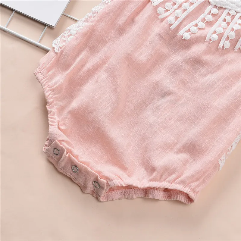 

Newborn Baby Girls Lace Romper Summer Sleeveless Backless Jumpsuit Lace Splice Halter New Fashion O-Neck Sunsuit Rompers 0-18M