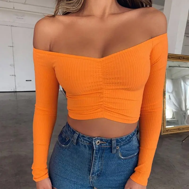 

MoneRffi Women Fashion Sexy T-shirts Full Sleeve Solid Femme Tees Crop Tops Slim Lady Streetwear 2021 Spring Off Shoulder Tops