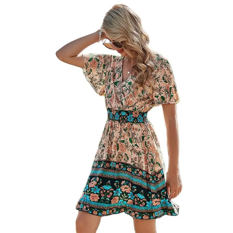 

Summer 2021 A Series, High Waist, V-Neck Short Sleeve Bohemian Print Dress