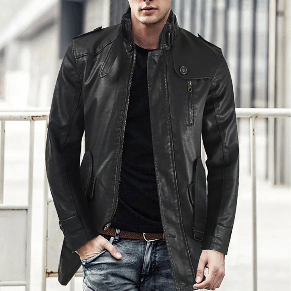 

2021 Autumn Winter New Mens Leather Jacket Solid Color Fashion Temperament Stand Collar Plus Velvet Zipper Long Sleeve PU Jacket