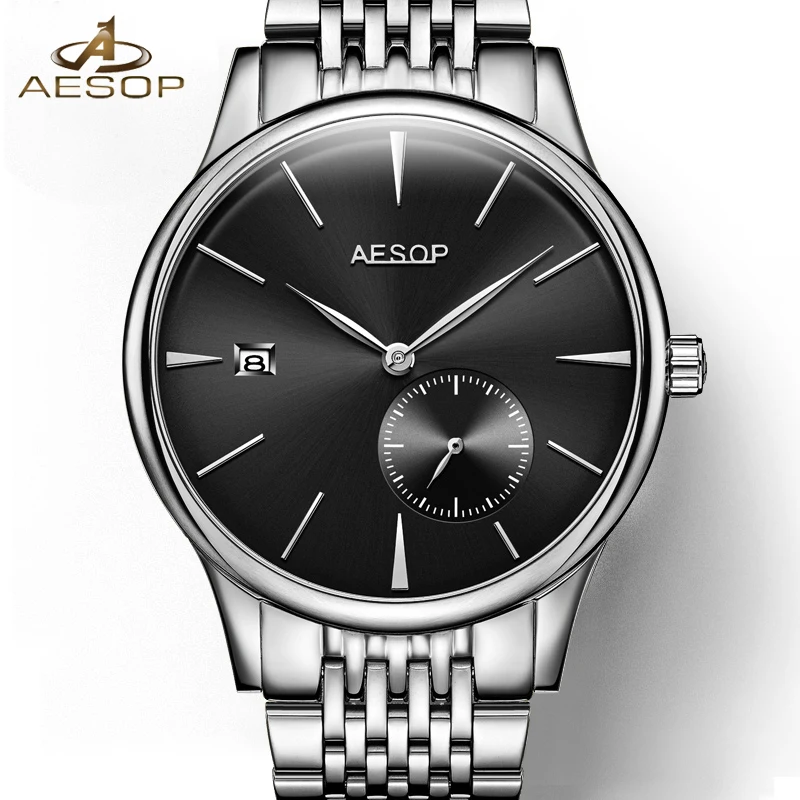 Мужские автоматические механические наручные часы Aesop тонкие с сапфировым
