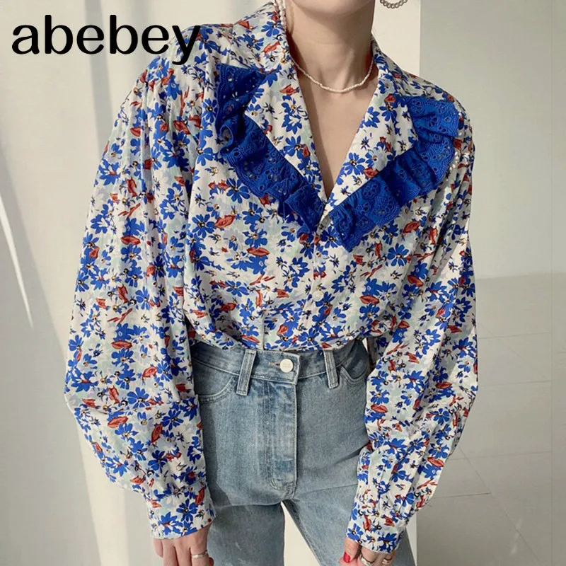 

Turn Down Collar Long Sleeve Single Breast Blouse Women Lace Hook Flower Print Blusas Loose Spring 2021 New Shirt Ol