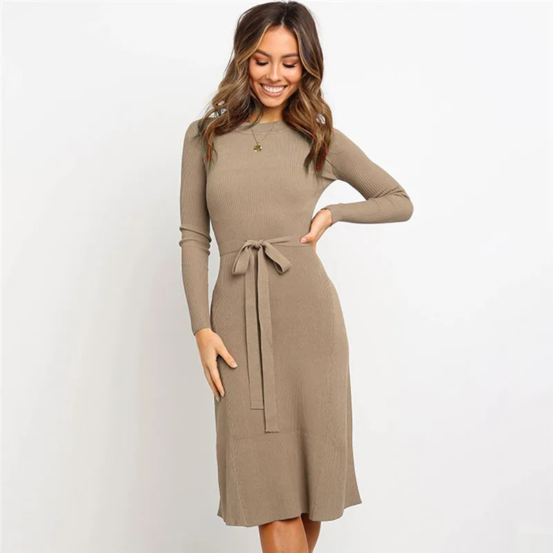 

Women's Knitted Dress Fashion Slim Sashes Long Sleeve Knee-Length Dress