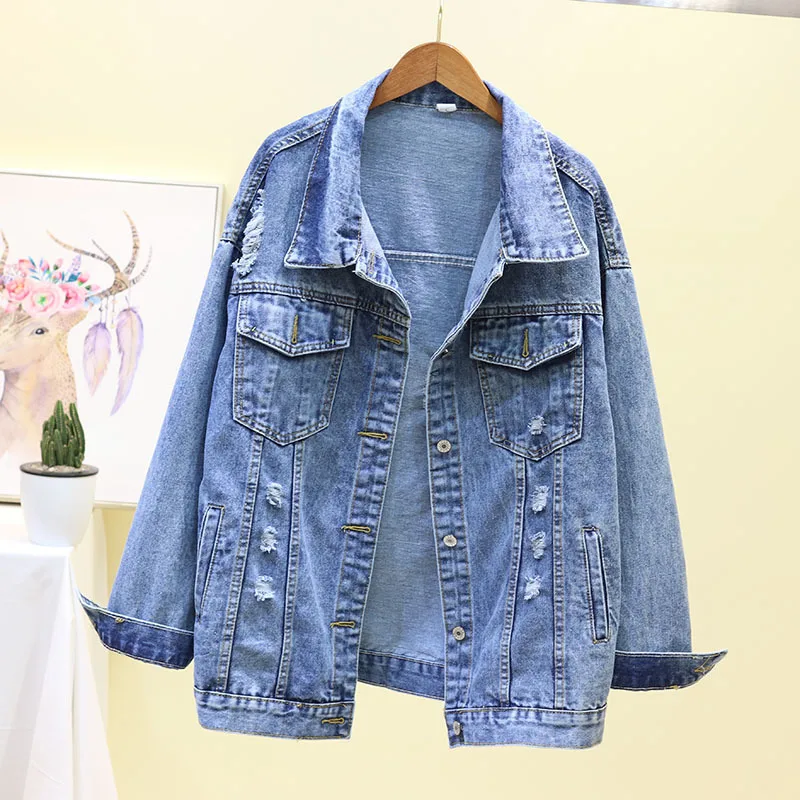 Куртка женская потертая с принтом Свободное пальто из денима дырками для девушек
