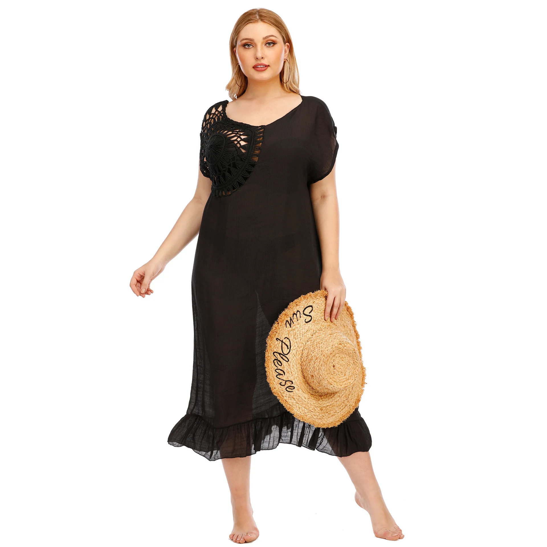 

Summer Solid ColorBeach Midi Dress Women's Clothing New Sexy Cutout Crochet Flower Patchwork Ruffled Female Dress Black One Size