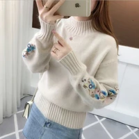 round neck pullover embroidered sweater womens korean style 2020 autumn new sleeves long sleeved loose pullover sweater 862j