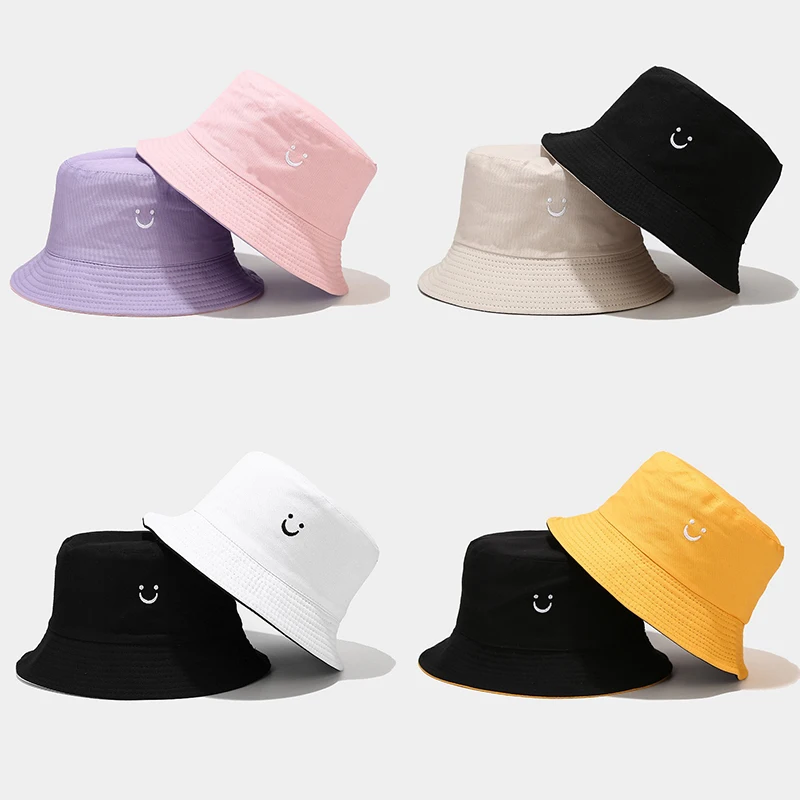

Double-sided Women Bucket Hat Candy Color Smile Face Sun Hat Ladies Outdoor Travel Beach Caps Fishermen Hats Korean Style Cap