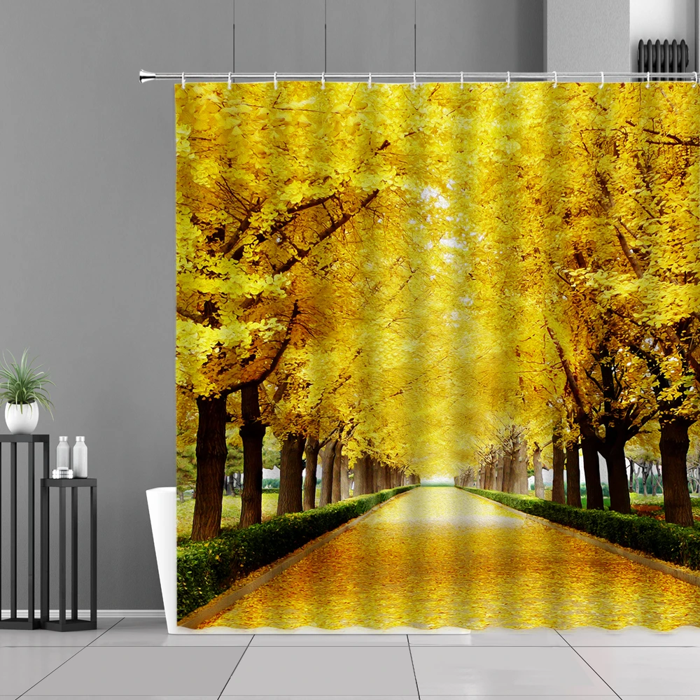 

Осенняя занавеска для душа с пейзажем, желтые листья, опущенное дерево, пейзаж, украшение для ванной комнаты, водонепроницаемая тканевая за...