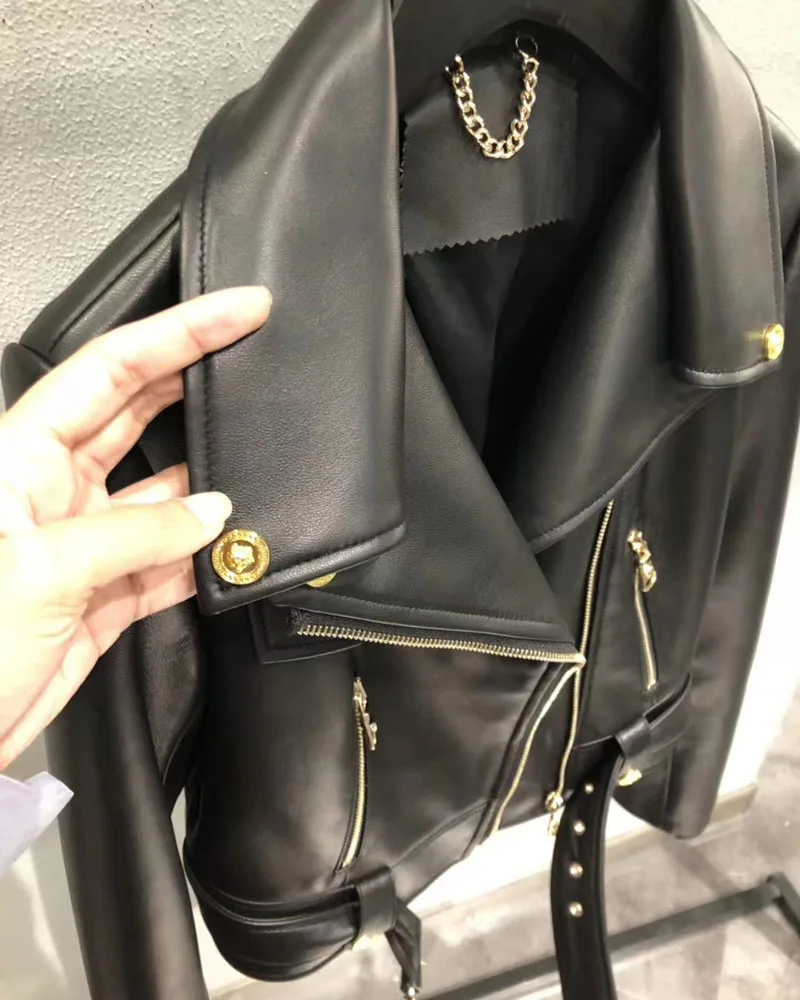 Women's Genuine Leather JacketSpring ClothingShort LengthHigh Quality Real Sheepskin PatternDown-Turn Collar