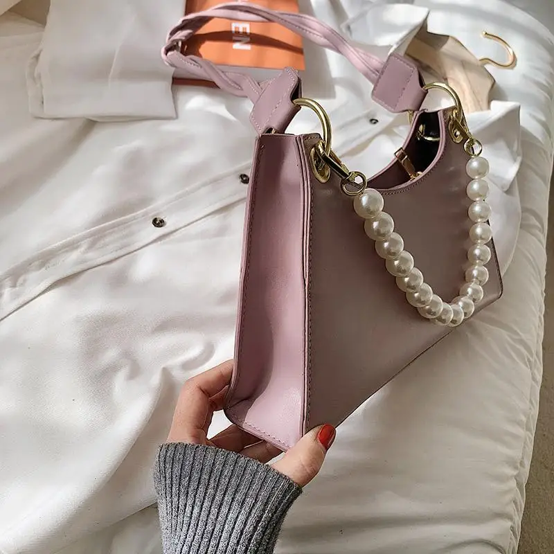 

Ladies Pearl Decoration Handbags Soft PU Leather Solid Color Designer Underarm Bag Luxury Retro Small Shoulder Bags for Women