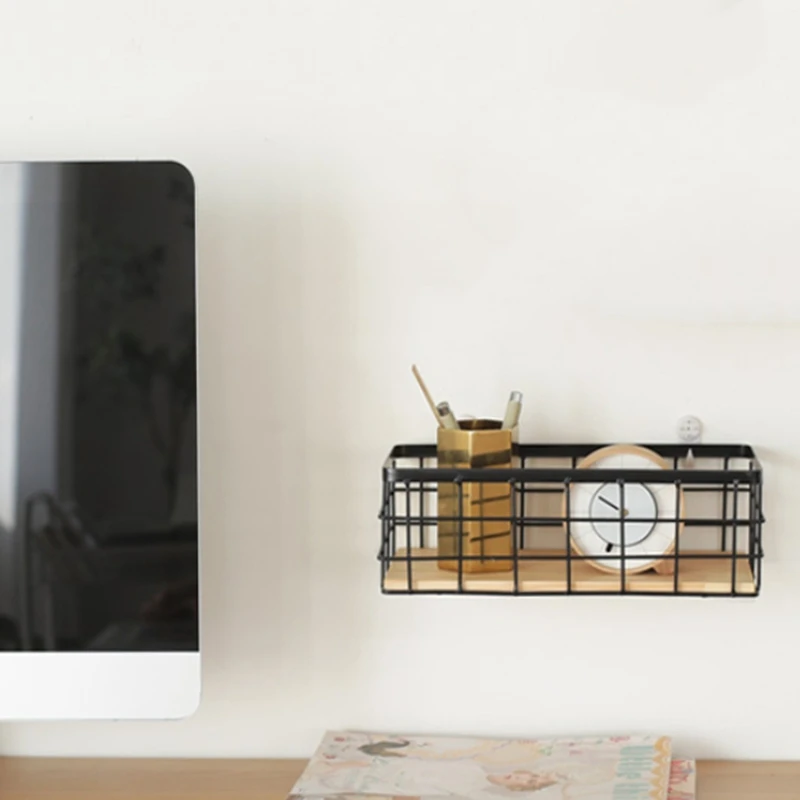 Железная настенная полка с деревянной доской подвесная корзина для хранения