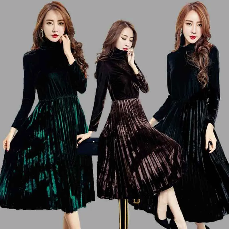 Новые бархатные платья для женщин 2020 Весна Осень Винтаж Водолазка с длинным
